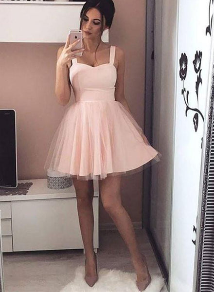 Pink Tulle Straps Sweetheart Short Homecoming Dresses