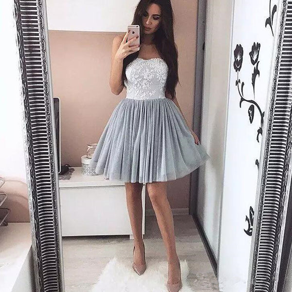 Grey Cute Applique Tulle Pleats Short Homecoming Dresses