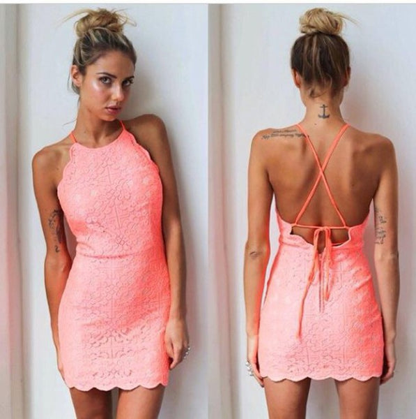 Sheath Pink Halter Round Neck Backless Mini Short Homecoming Dresses