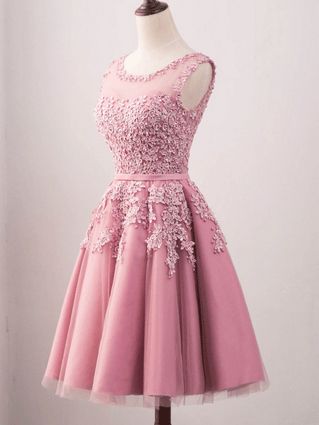 Pink Tulle Applique Round Neck Sweetheart Homecoming Dresses