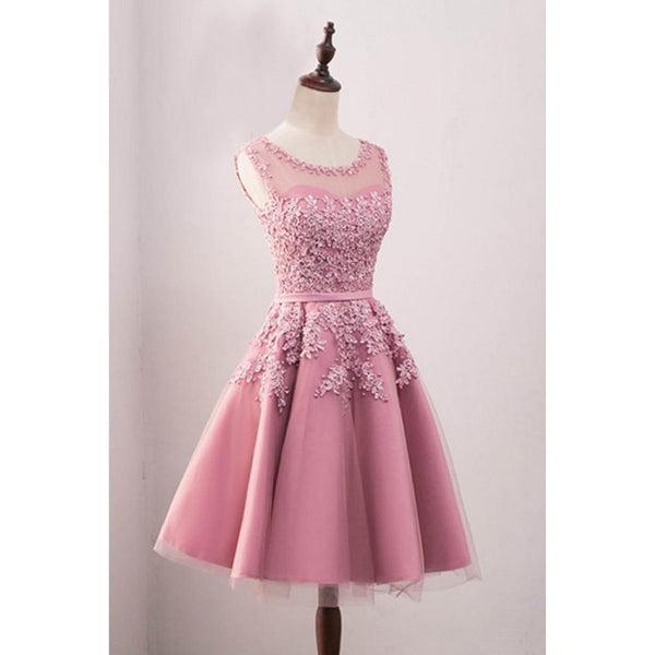 Pink Tulle Applique Round Neck Sweetheart Homecoming Dresses
