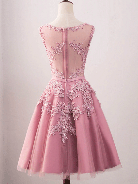 Pink Tulle Applique Round Neck Sweetheart Homecoming Dresses
