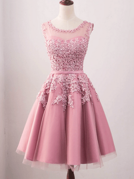 Pink Tulle Applique Round Neck Sweetheart Homecoming Dresses