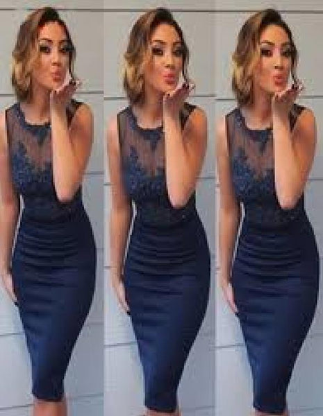 Sheath Blue Applique Straps Knee Length Homecoming Dresses
