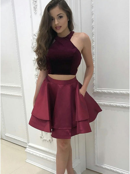 Burgundy Halter Two Piece Double Decker Skirt Short Homecoming Dresses