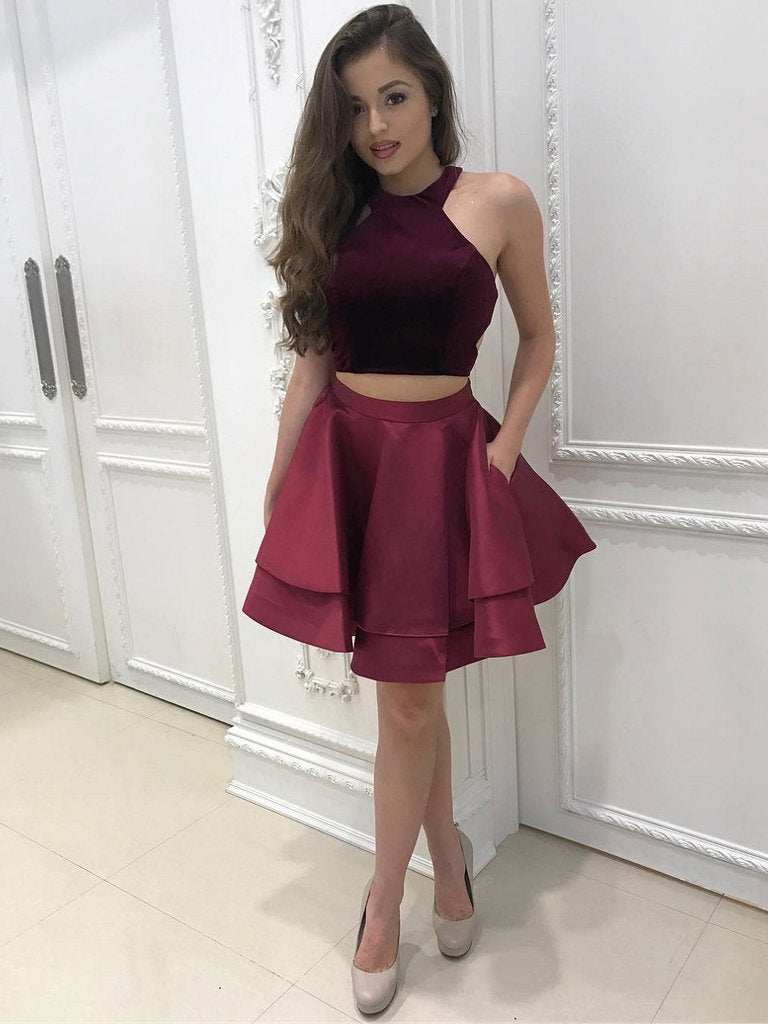 Burgundy Halter Two Piece Double Decker Skirt Short Homecoming Dresses Hoprom Burgundy Halter Two Piece Double Decker Skirt Short Homecoming Dresses Hoprom
