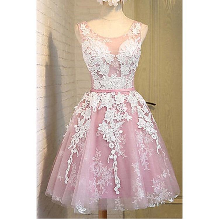 Pink Lace Applique Sweetheart Straps Tulle Homecoming Dresses