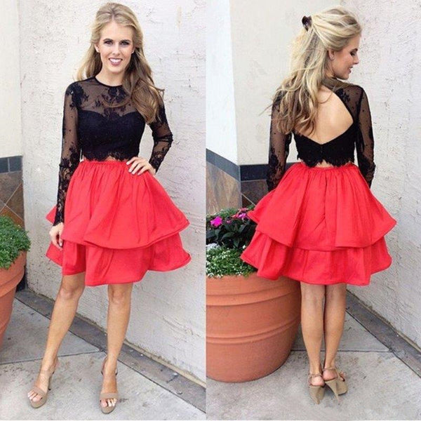 Black Two Piece Lace Applique Long Sleeve Backless Short Homecoming Dresses
