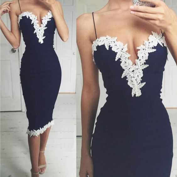 Sheath Blue Deep V-neck Straps Lace Applique Knee Length Homecoming Dresses