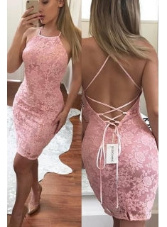 Pink Straps Lace Applique Backless Mini Short Bodycon Homecoming Dresses