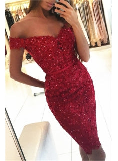 Sheath Red Lace Applique Beading Off Shoulder Short Sleeve Homecoming Dresses