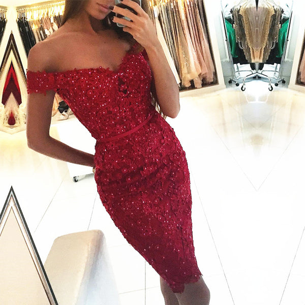Sheath Red Lace Applique Beading Off Shoulder Short Sleeve Homecoming Dresses