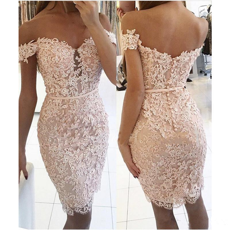 Sheath White Full Lace Applique Off Shoulder Short Sleeve Homecoming Dresses