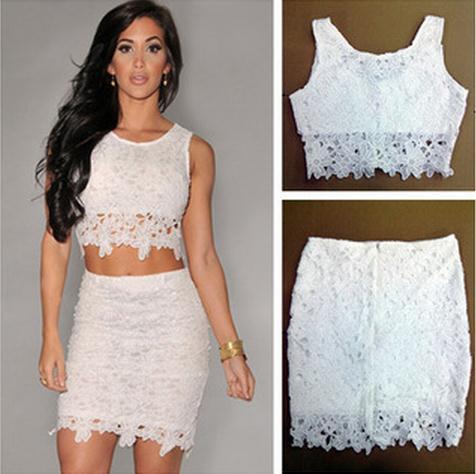 White Lace Straps Two Piece Mini Short Homecoming Dresses