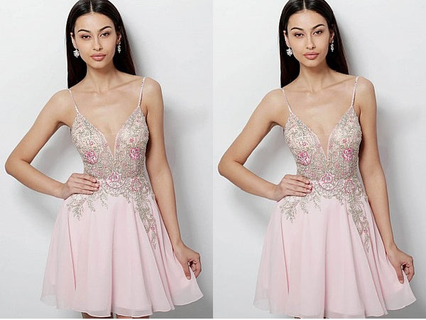 Pink Straps Deep V-neck Tulle Embellished Bodice Chiffon Homecoming Dress