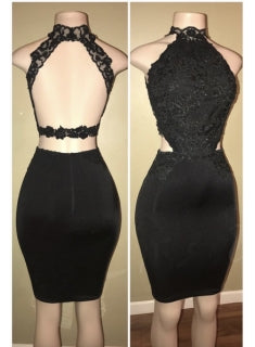 Sheath Black Halter Lace Applique Backless Homecoming Dresses