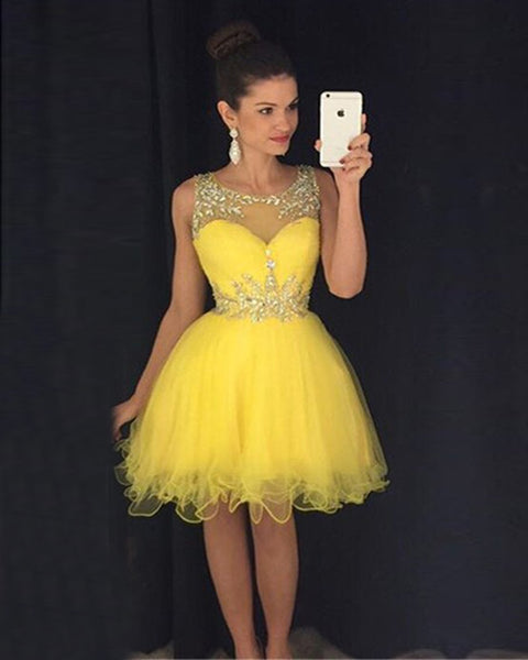 Yellow Tulle Paillette Knee Length Homecoming Dresses With Bead Belt