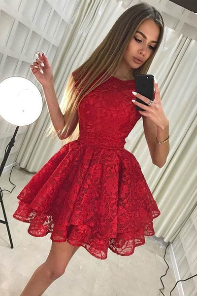 Red Full Lace Applique Short Homecoming Dresses