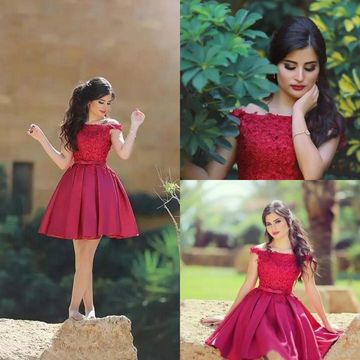 Red Off Shoulder Short Sleeve Stain Knee Length Pleats Homecoming Dresses