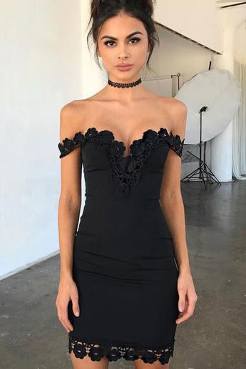 Sheath Black Lace V-neck Off Shoulder Short Sleeve Homecoming Dress