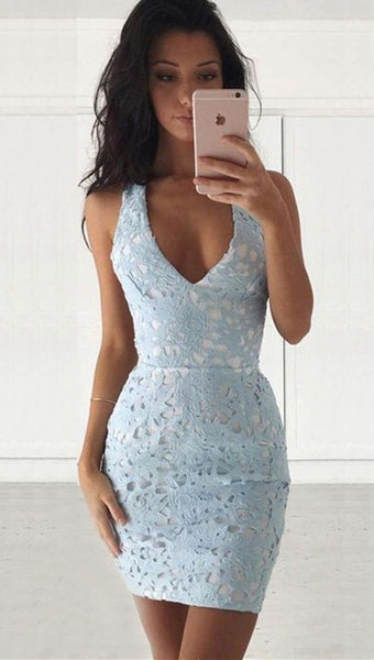 White V-neck Applique Short Backless Bodycon Homecoming Dresses