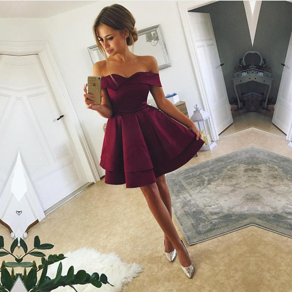 Burgundy Off Shoulder Short Sleeve Homecoming Dresses