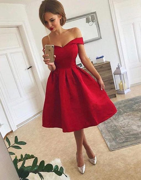 Red Off Shoulder Short Sleeve Knee Length Stain Homecoming Dresses