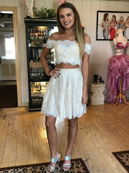 White Two Piece Full Lace Off Shoulder Short Sleeve Homecoming Dress