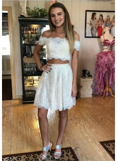 White Two Piece Full Lace Off Shoulder Short Sleeve Homecoming Dress