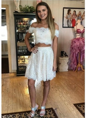 White Two Piece Full Lace Off Shoulder Short Sleeve Homecoming Dress –  Hoprom