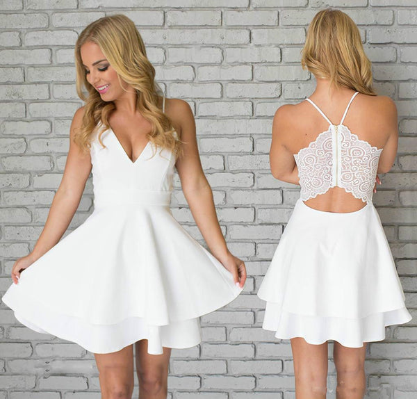 White Strap V-neck Backless Stain Short Homecoming Dresses