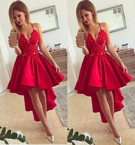 Red Strap V-neck Lace Applique High Low Homecoming Dresses