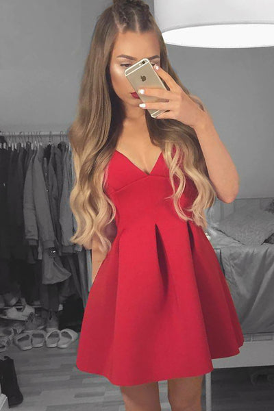 Red Deep V-Neck Satin Short Homecoming Dress