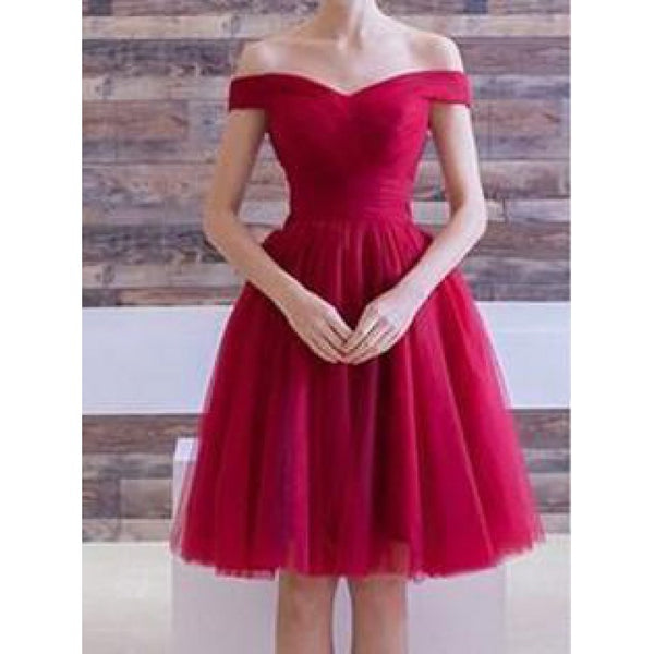 Red Tulle Off Shoulder Short Sleeve Knee Length Homecoming Dresses