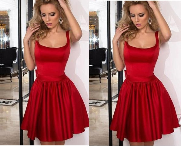 Red Strap Backless Short Satin Homecoming Dresses with Bowknot