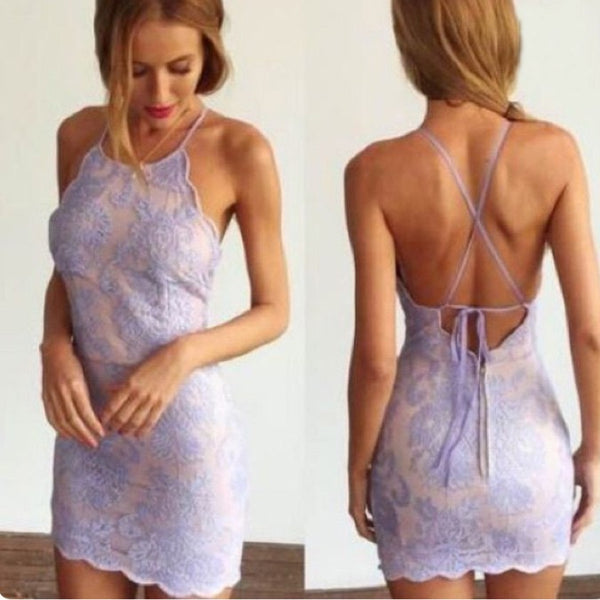 Sheath Purple Strap Lace Applique Backless Short Homecoming Dresses