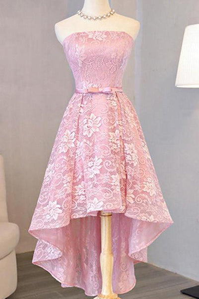 Pink Full Lace Applique Strapless Prom Homecoming Dresses With Bowknot