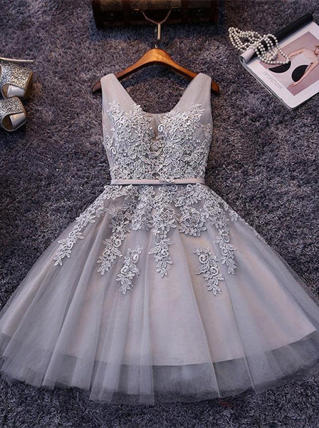Grey Tulle Applique Strap Short Homecoming Dresses
