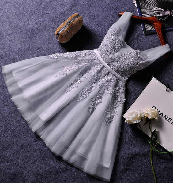 Grey Tulle Applique Strap Short Homecoming Dresses