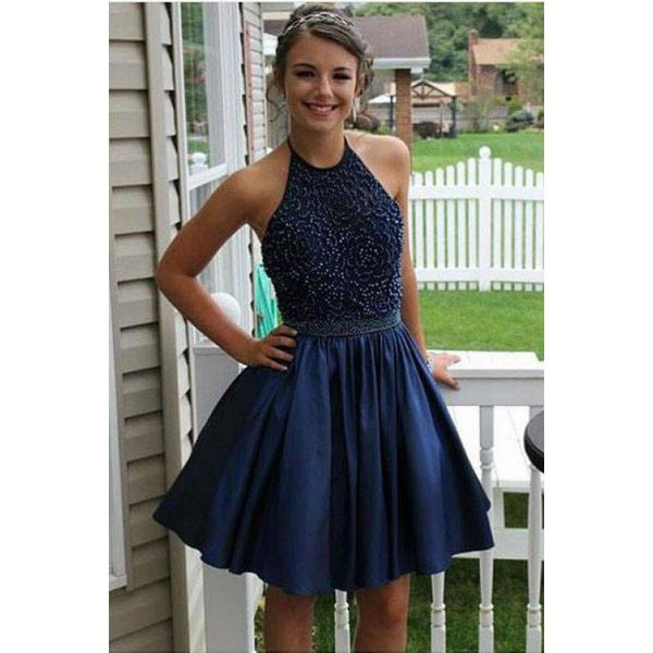 Royal Blue Halter Applique Beaded Prom Short Homecoming Dresses With Bead Belt