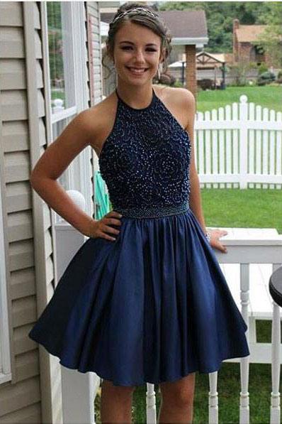 Royal Blue Halter Applique Beaded Prom Short Homecoming Dresses With Bead Belt