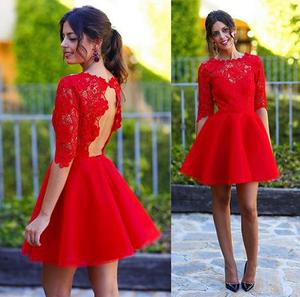 Red Lace 3/4 Sleeve Backless Stain Pleats Short Homecoming Dresses