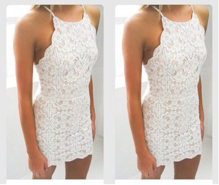 Bodycon White Full Lace Applique Strap Short Homecoming Dresses