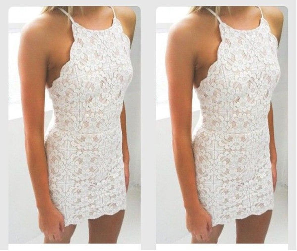 Bodycon White Full Lace Applique Strap Short Homecoming Dresses