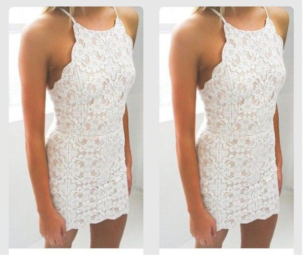 Bodycon White Full Lace Applique Strap Short Homecoming Dresses