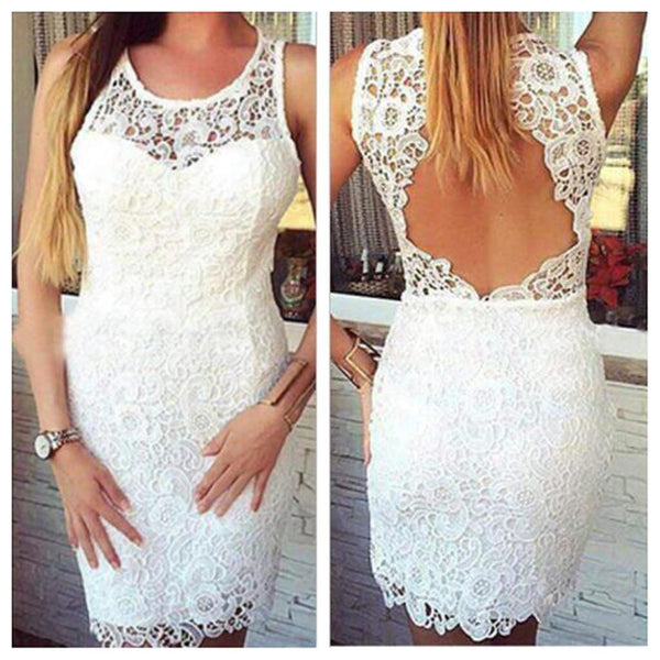 Sheath White Round Neck Lace Backless Short Homecoming Dresses