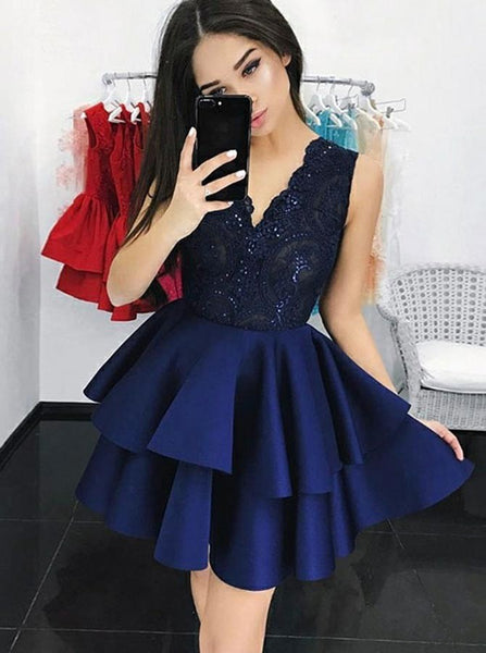 Royal Blue V-neck Sequin Lace Applique Short Homecoming Dresses With beading