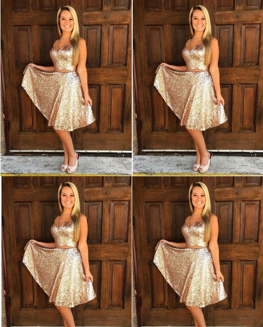 Royal Gold Sequin Two Piece Homecoming Dresses，Strap V-neck Knee Length Homecoming Dresses