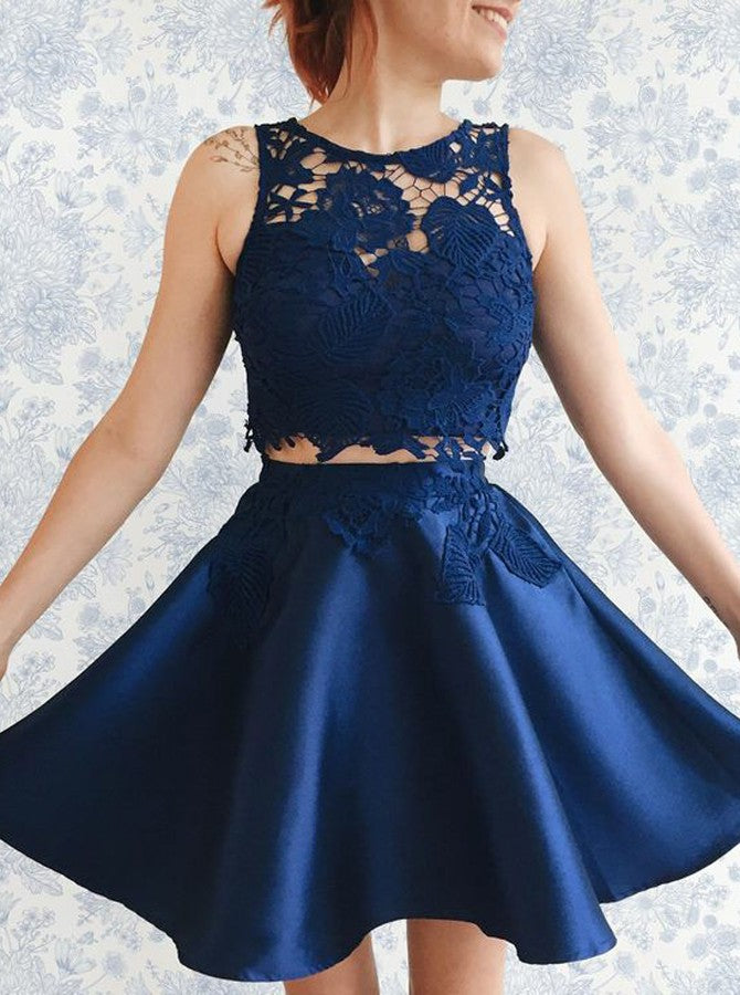 Blue Two Piece Round Neck Applique Pleats Short Homecoming Dresses Hoprom Blue Two Piece Round Neck Applique Pleats Short Homecoming Dresses Hoprom