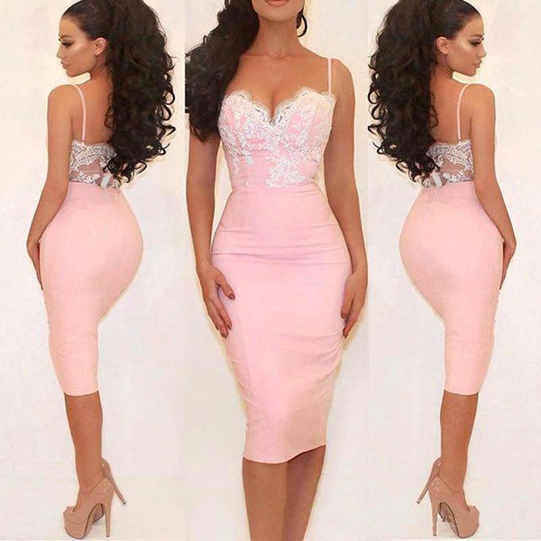Bodycon Pink Lace Applique Straps Backless Knee Length Homecoming Dresses